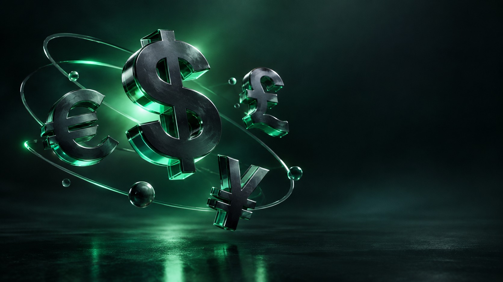 Floating 3d currency symbols of the dollar euro pound and yen orbiting each other