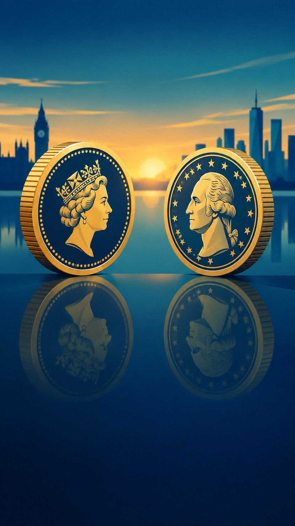 British pound coin and a us dollar coin facing each other on a reflective surface