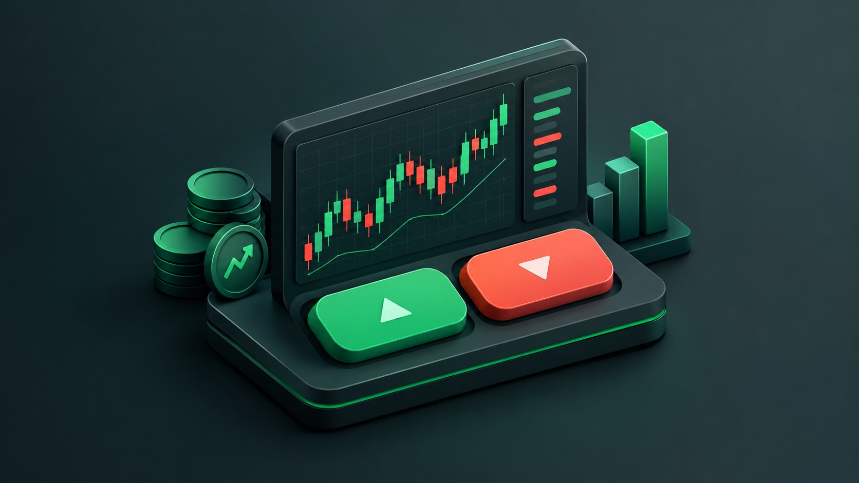 Clean buy and sell panel with green and red buttons and a candlestick chart