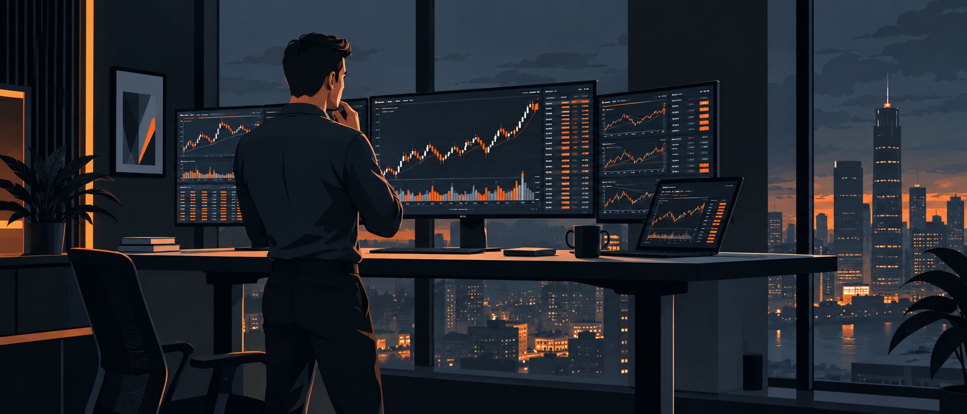 Investor at a standing desk watching fast moving intraday stock charts