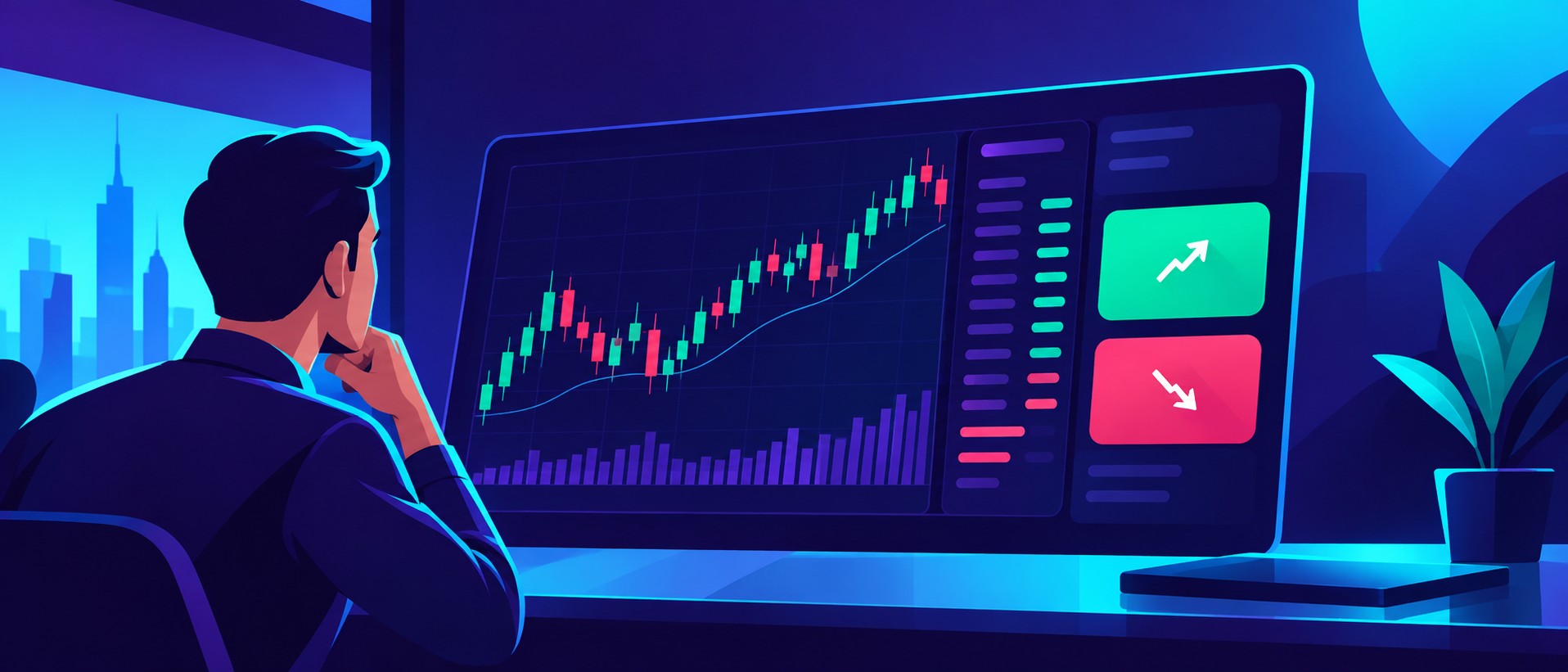 Clean buy and sell panel with green and red buttons and a candlestick chart