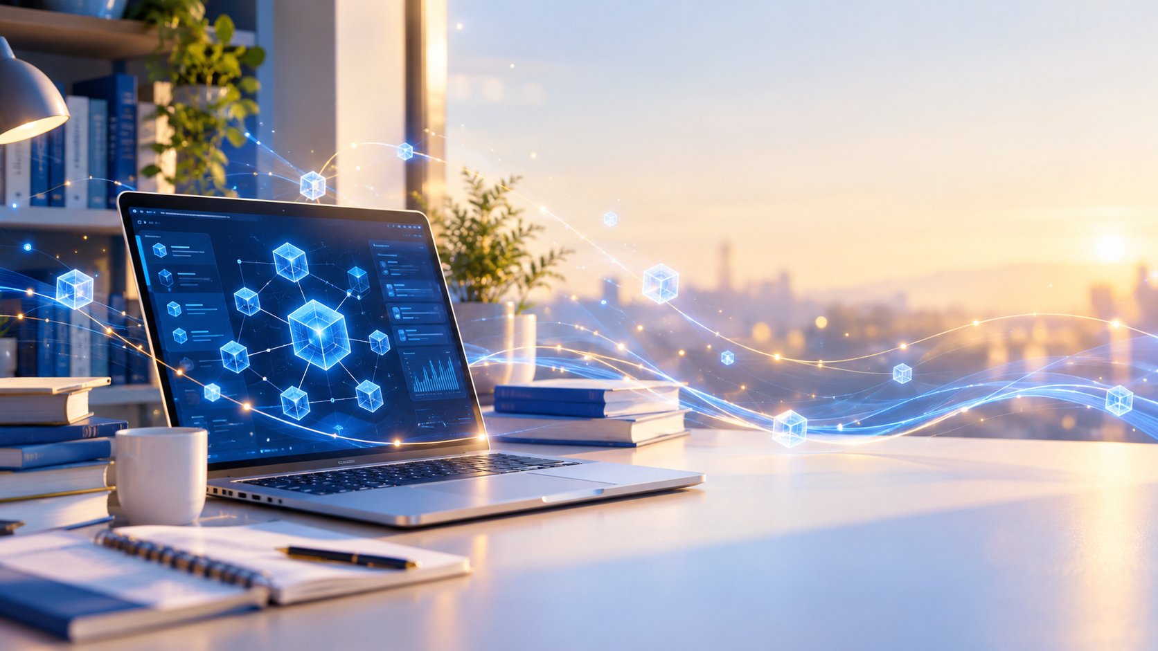 Student laptop showing blockchain diagrams in a cozy study